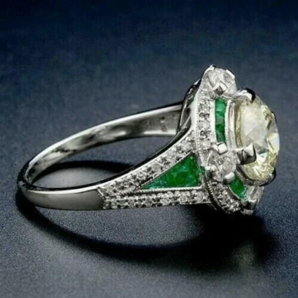 2Ct Art Deco Style Lab Created Diamond & Emerald Wedding 14K White Gold FN Ring