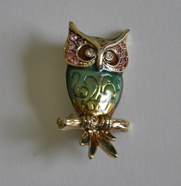 Liz Claiborne LC Owl Brooch Pin Two-toned Gold Green Pink Rhinestone Eyes EUC