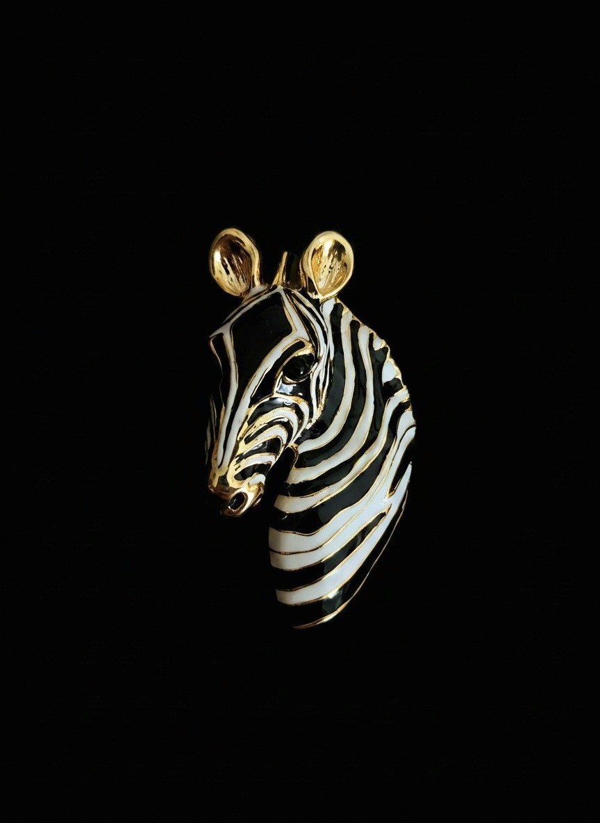 LARGE Vintage Zebra Brooch Black and White Enamel & Gold Tone