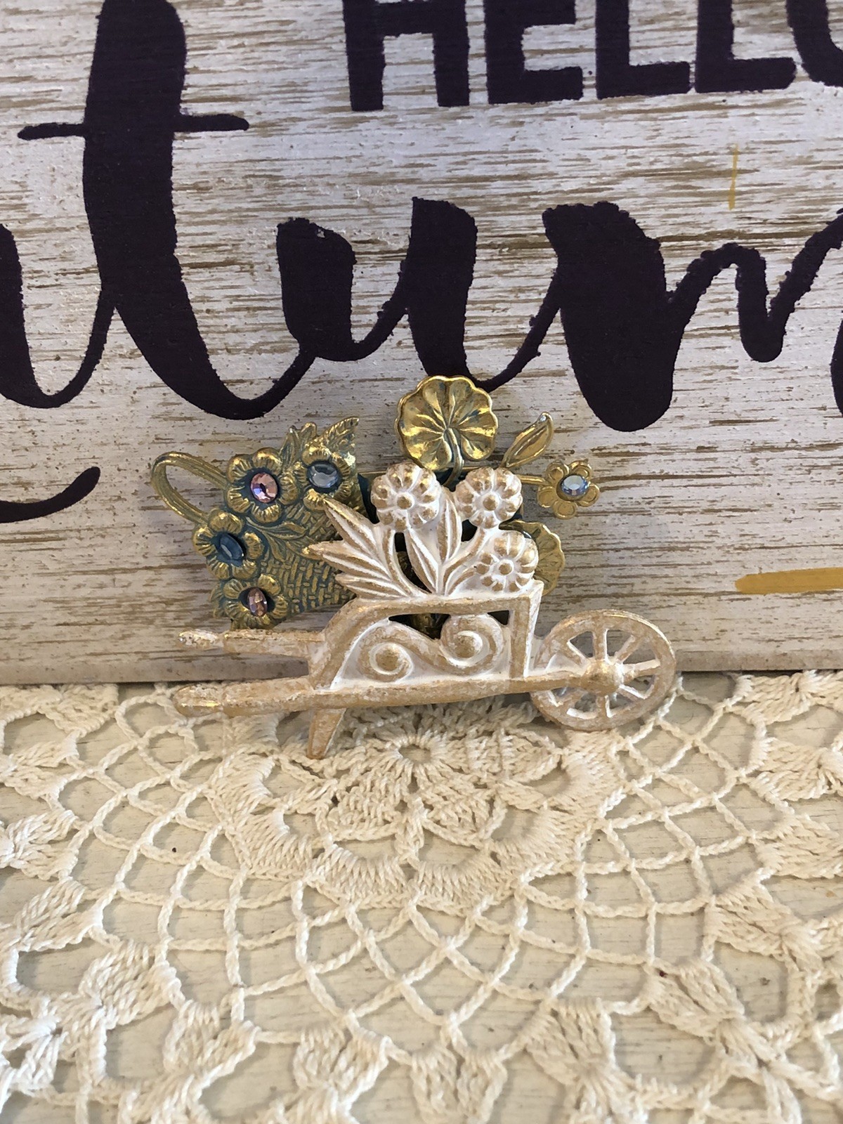 Two Vintage Brooches Flower Wheelbarrow & Iridescent White Cat Beautiful Pins