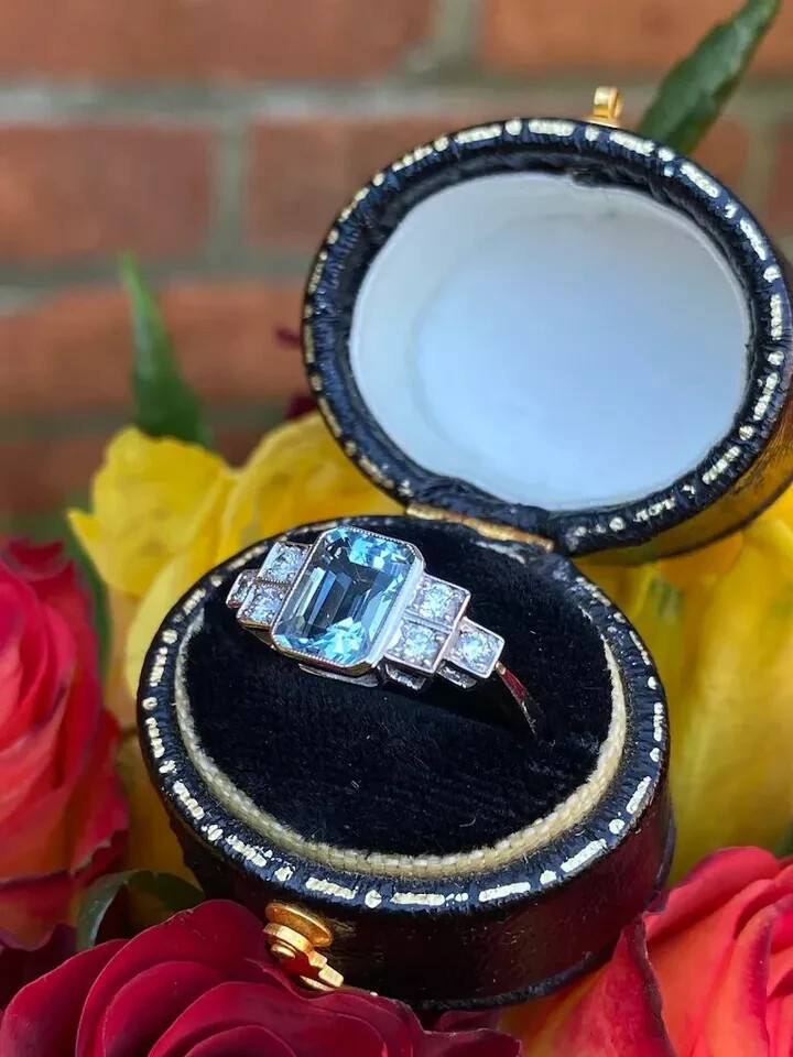 3Ct Aquamarine Art Deco Vintage Style & Lab-Created Diamond Wedding Silver Ring