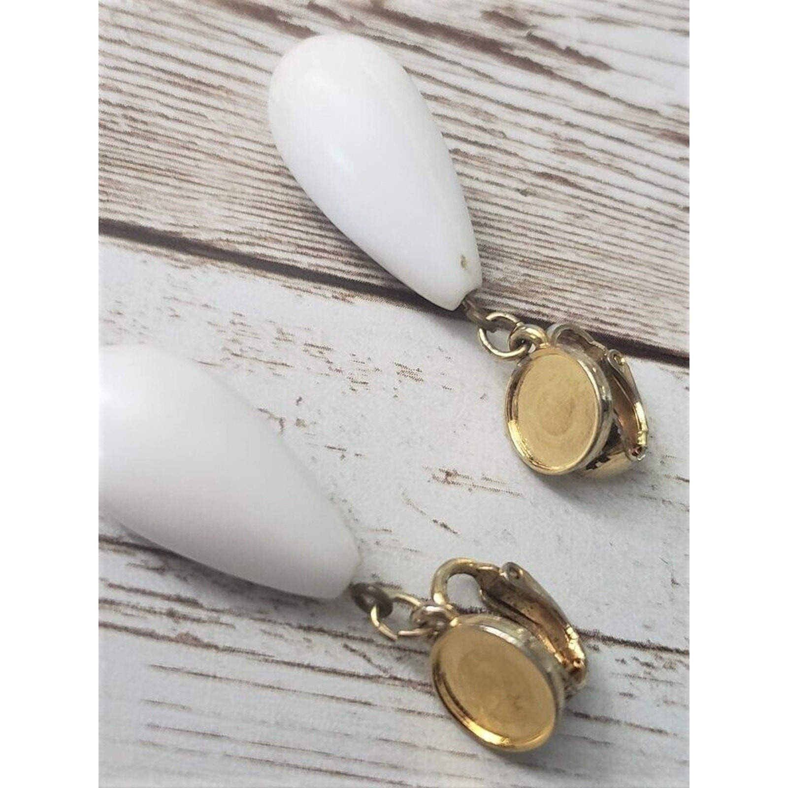 Vintage Clip On Earrings – Elongated White Dangle 1 & 5/8″