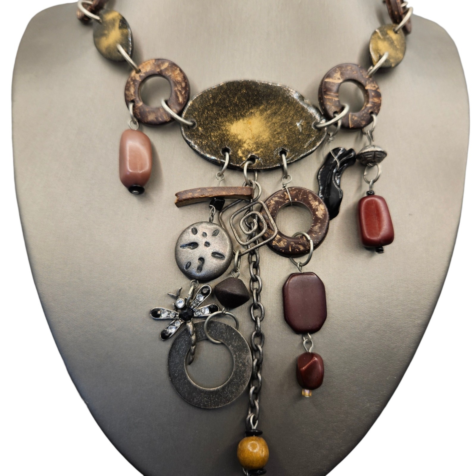 Silver Dragonfly Necklace Runway Boho Chunky Wood Metal Bib Beaded Stone Vintage