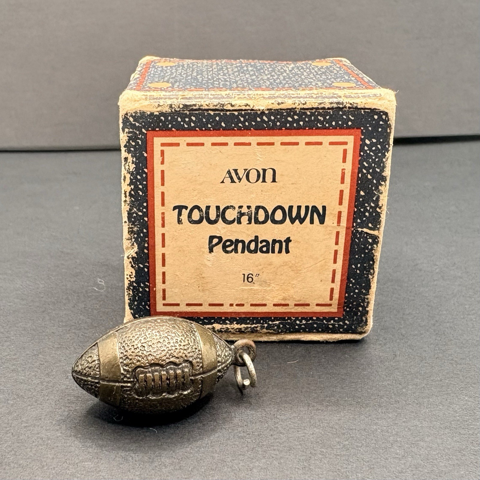 Vintage Avon Touchdown Football Pendant Charm w/ Box 1981 Gold Tone 1″