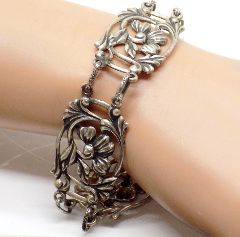 Danecraft 925 Sterling Silver Floral Flower Repousse Filigree Bracelet