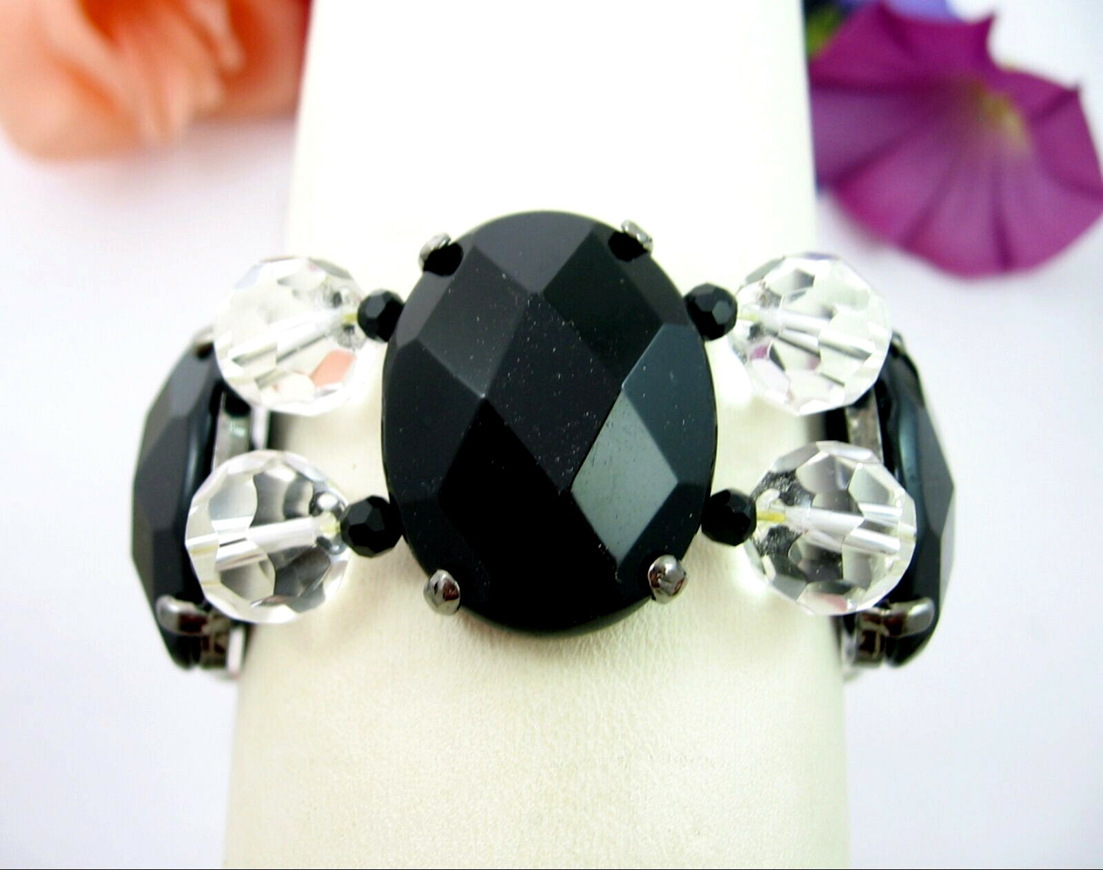 BIG BLACK Oval Cabs BRACELET Vintage ALL GLASS Clear BEADS Elastic Stretch