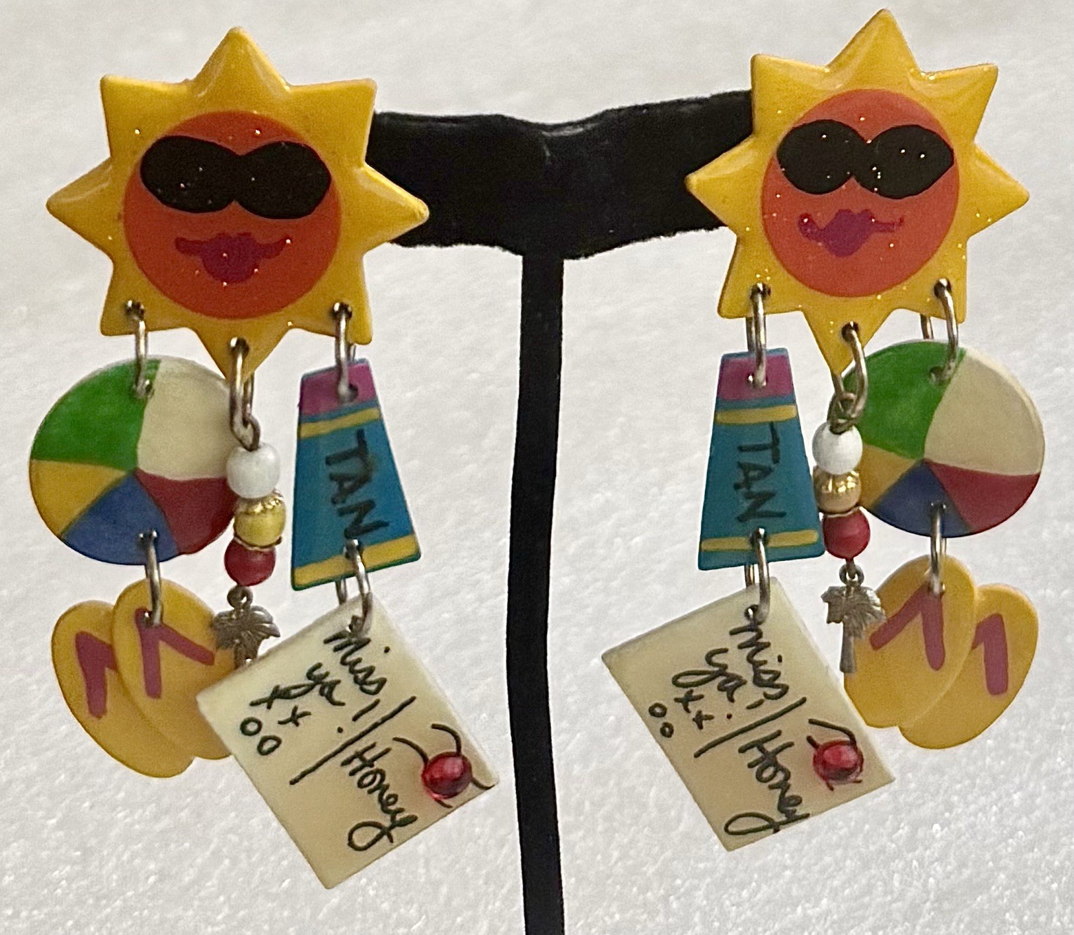 HUGE 1980s Wearable Folk Art Signed Mari SUN BEACH FUN Mixed Media Clip Earrings