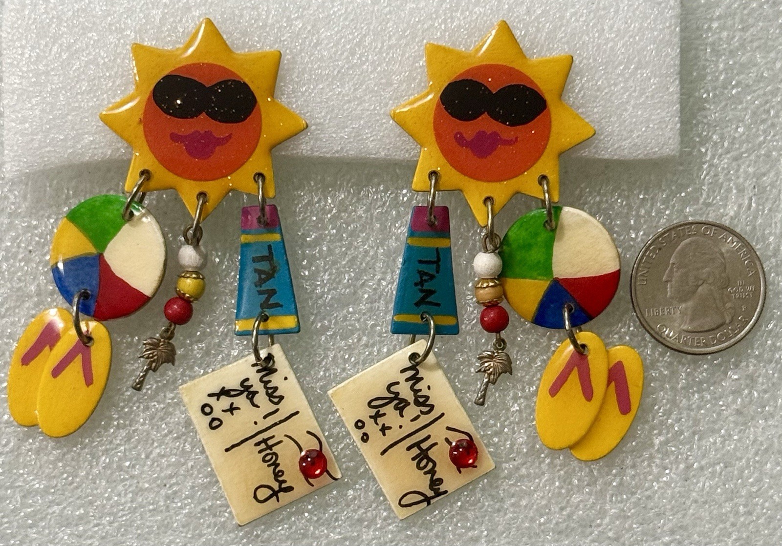 HUGE 1980s Wearable Folk Art Signed Mari SUN BEACH FUN Mixed Media Clip Earrings
