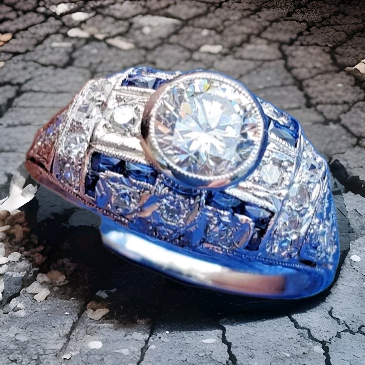 Original EARTH MINED DIAMOND Deco Engagement Ring Platinum Sapphire Solitaire 6