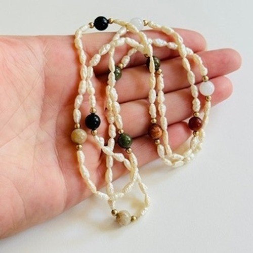 FreshWater Baroque Seed Pearl Necklace VTG Beads onyx quartz Fresh Water 30″L