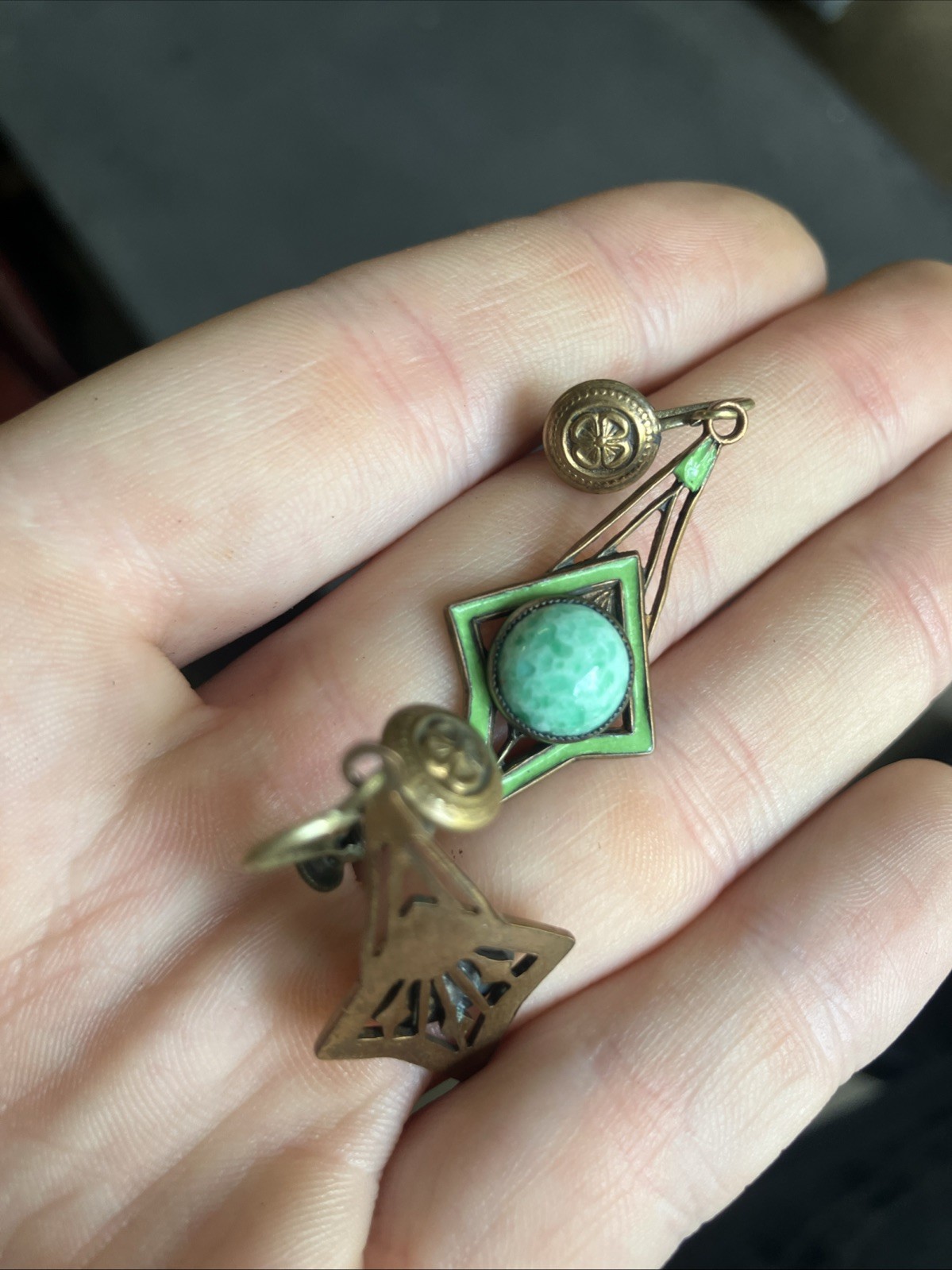 1920s Art Deco Dangle Earring Green Enamel And Stone Brass Clover Screw Back