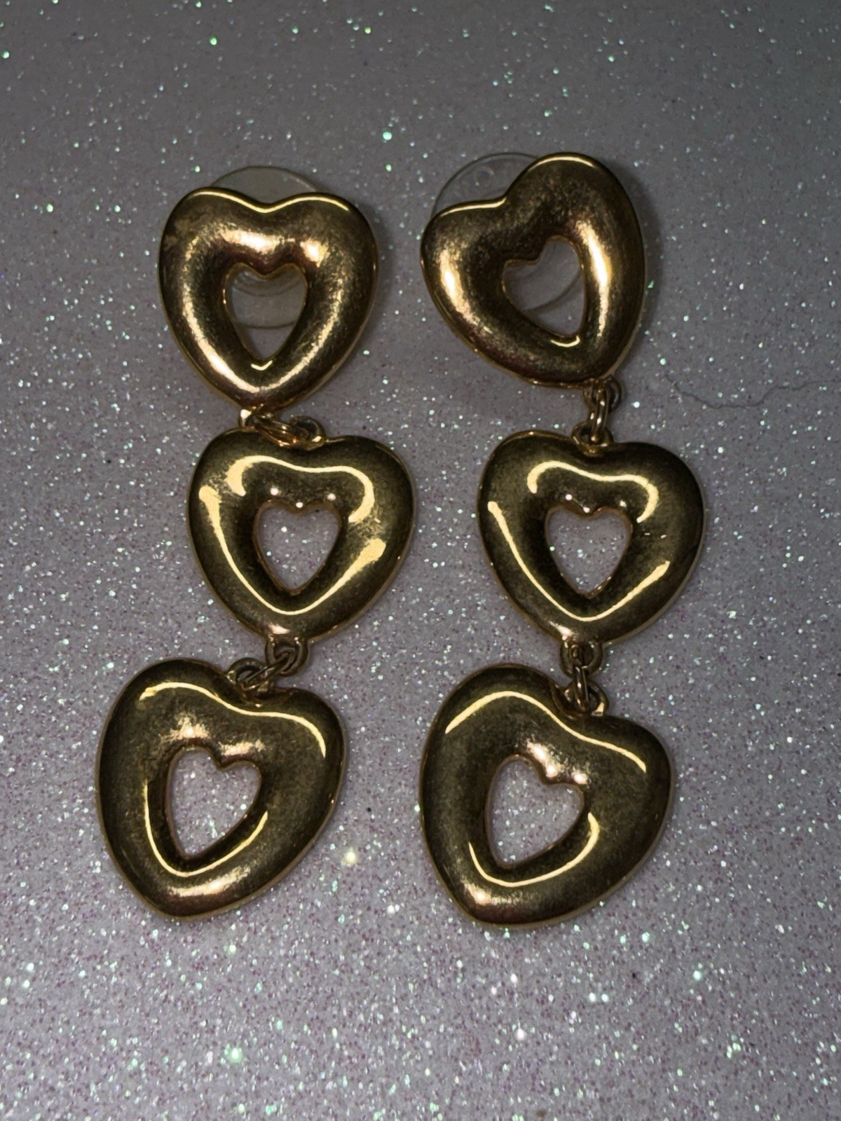 Vintage Gold Tone Triple Heart Earrings Marked JS
