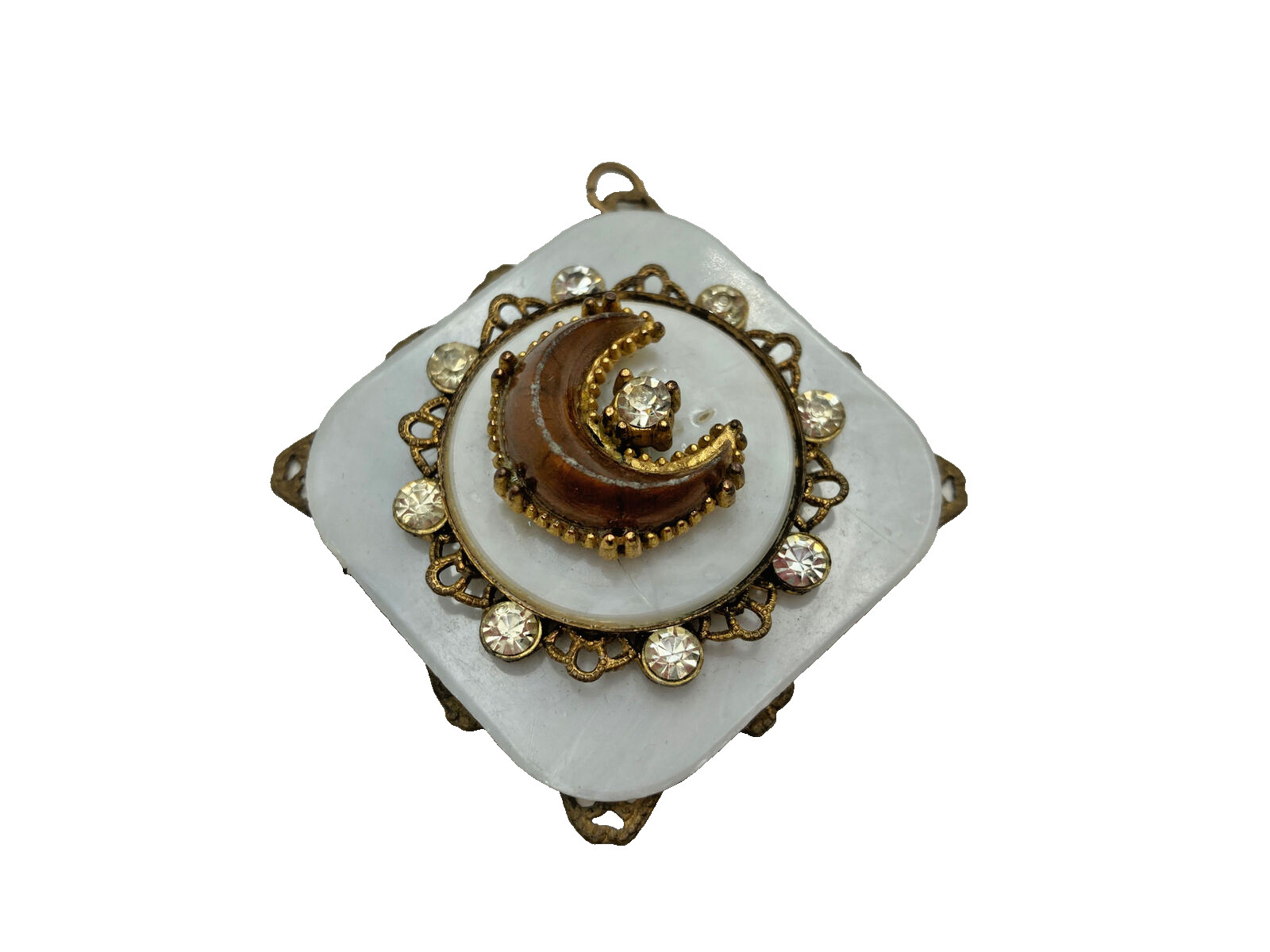 Antique Vintage Crescent Moon Rhinestone Pendant Link Bracelet Victorian Style