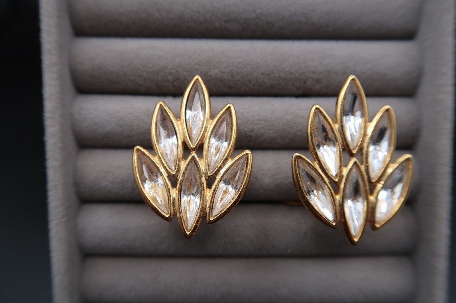 Vtg Yves Saint Laurent Spiked Leaf Design Crystal Earrings Signed Beautiful