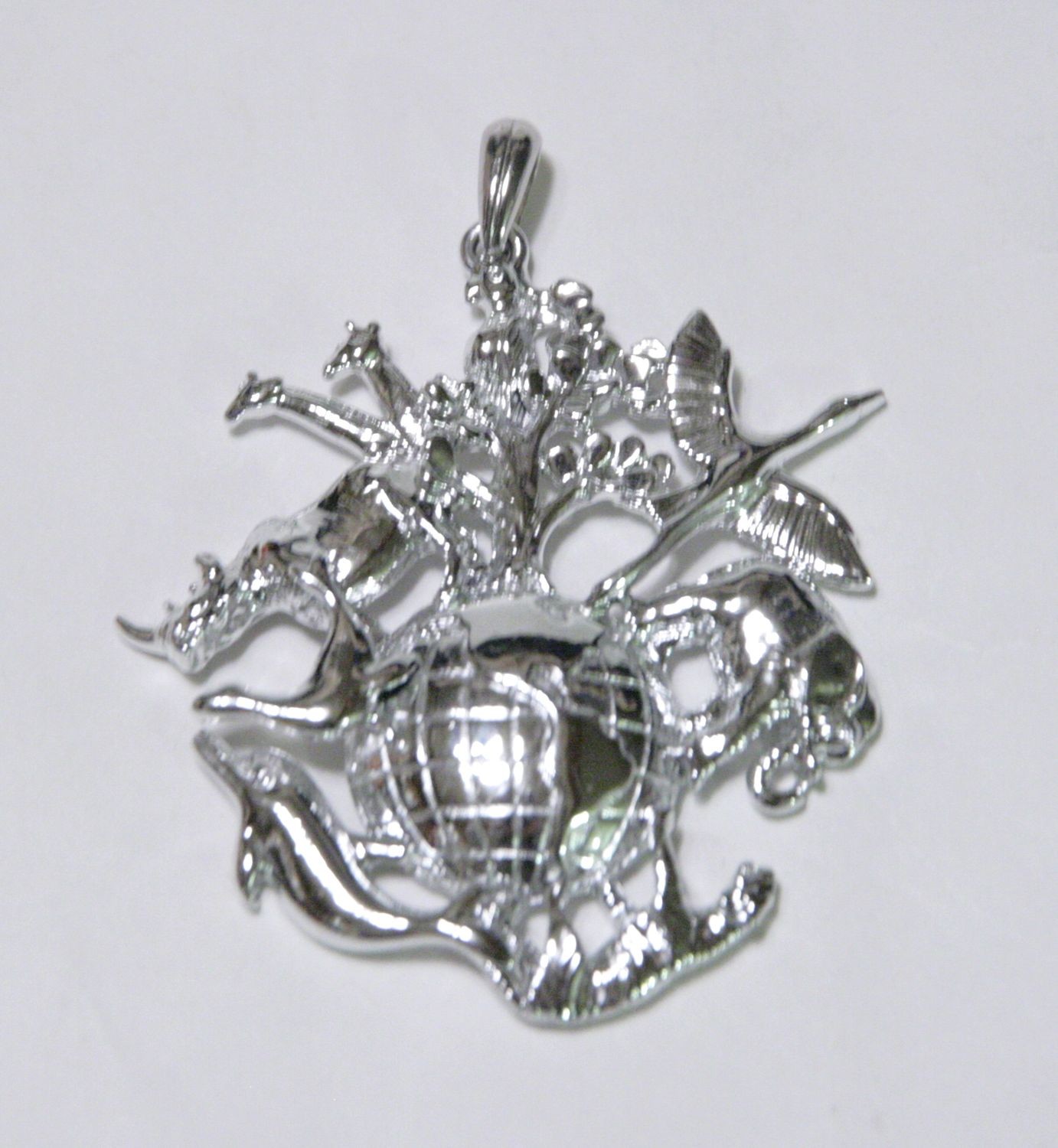 2″ RARE AJC Globe with Animals Conservation Jewelry Silver Tone Rhino Tiger