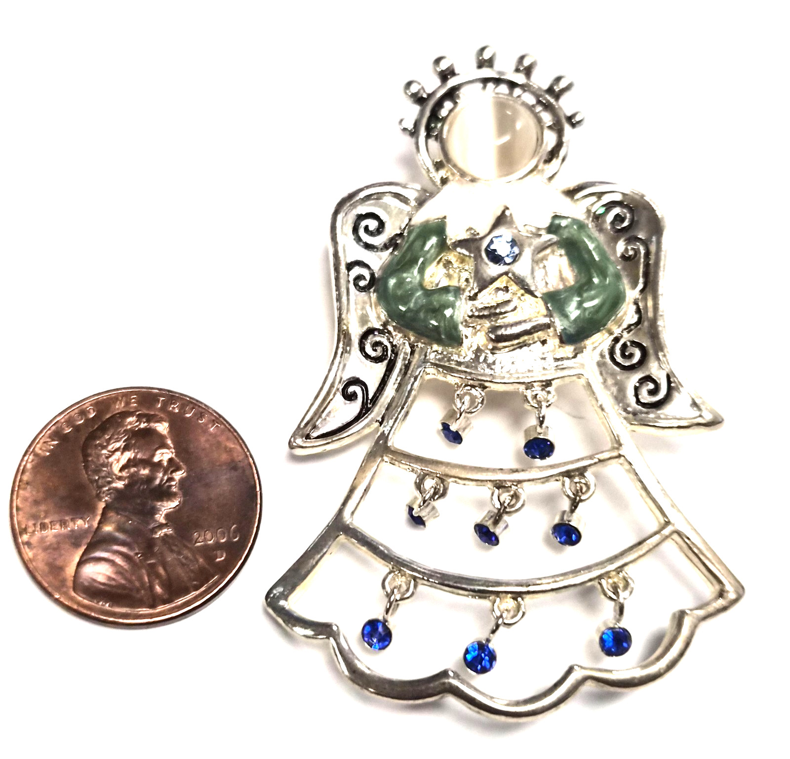 Estate Christmas Holiday Angel With Wings Blue Rhinestone Dangles Pin / Brooch