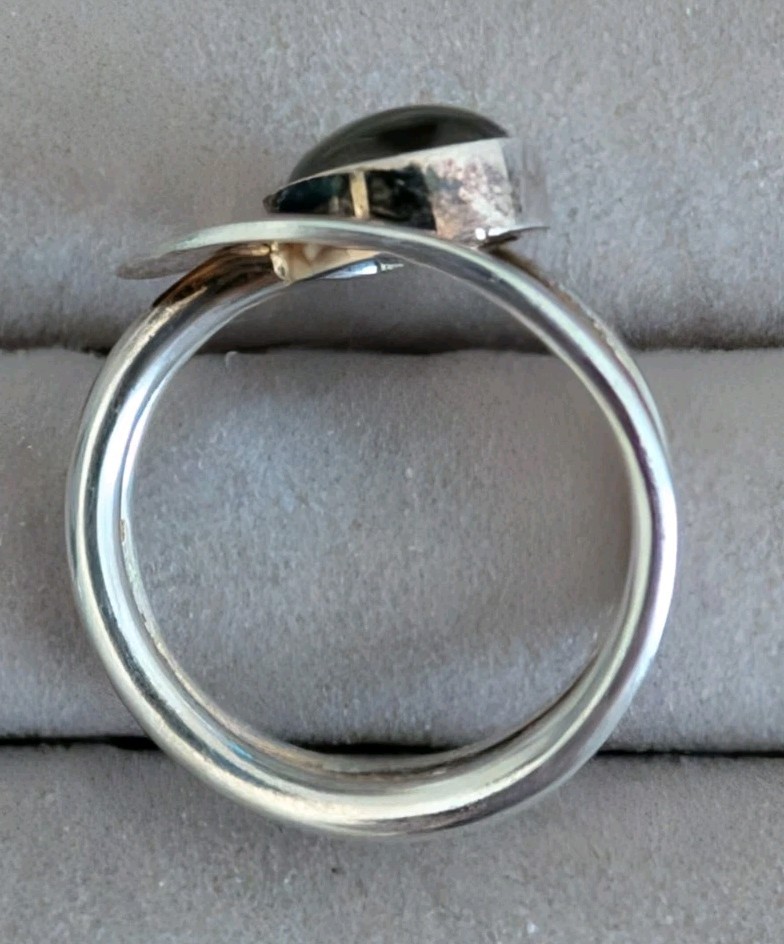 Vintage LW 925 Sterling Silver Moonstone Bypass Hippie Ring Modernist Size 7-8