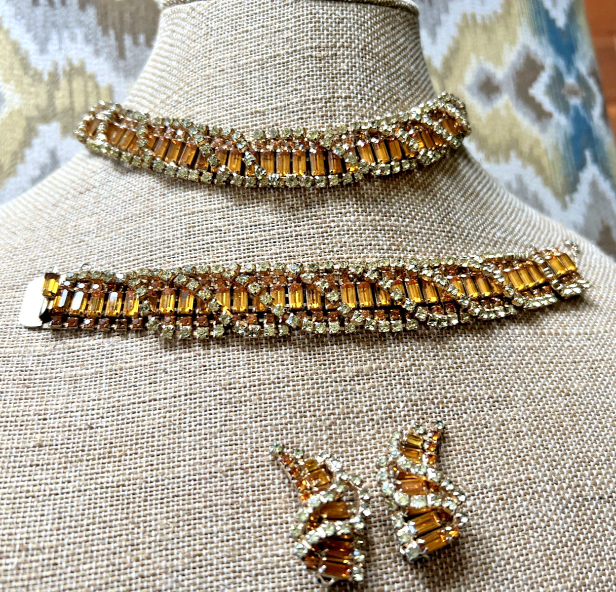 VTG. KRAMER N.Y. PARURE TOPAZ & CLEAR RHINESTONE NECKLACE BRACELET EARRING SET