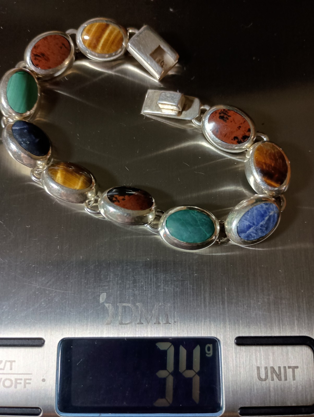 925 Sterling Silver MWS Mexico Vintage Multi Natural Gemstone Cabochon Bracelet!