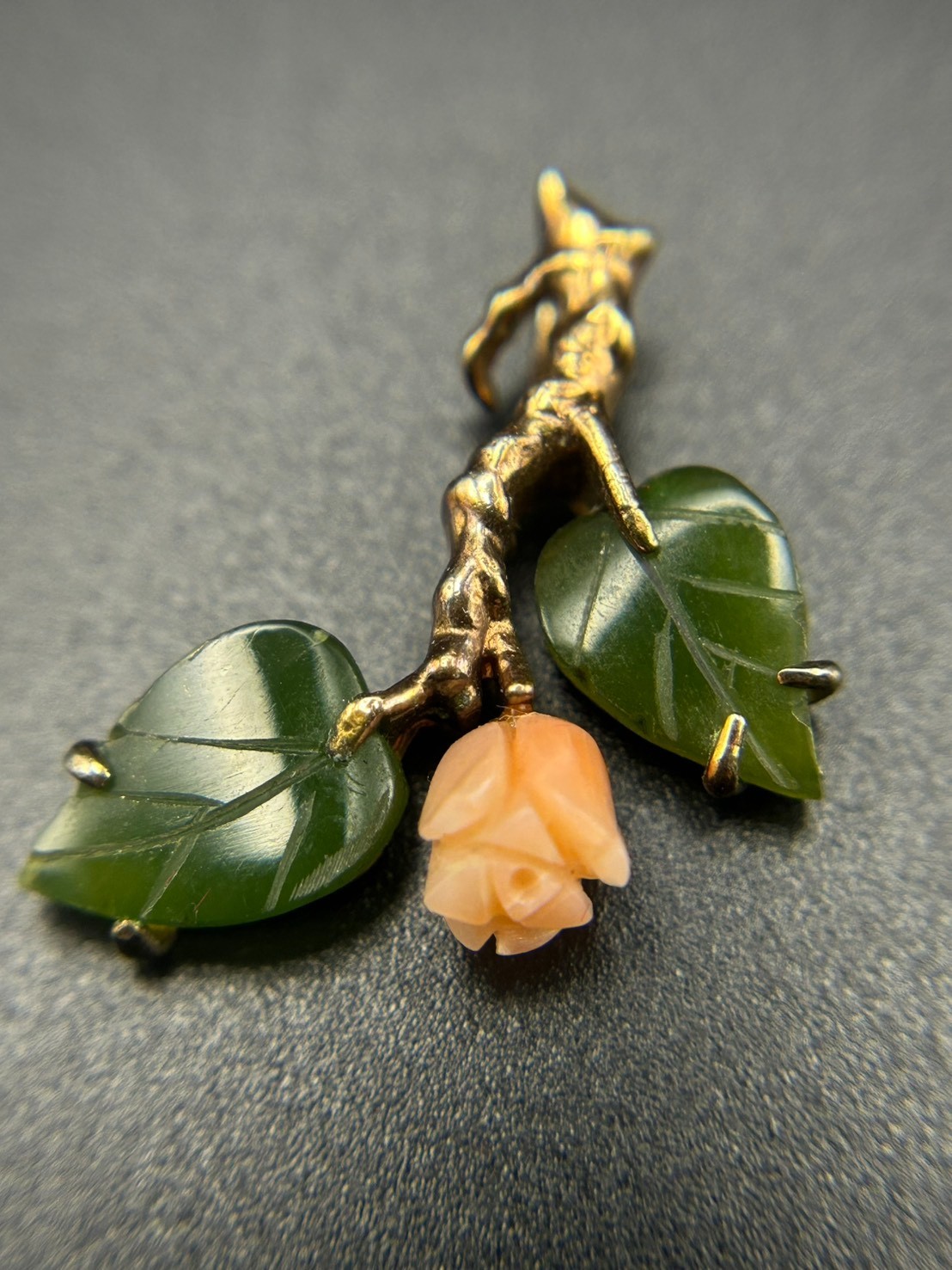 Vintage Japanese Carved Coral Rose Pendant Green Jade Leaves Gold Tone Charm