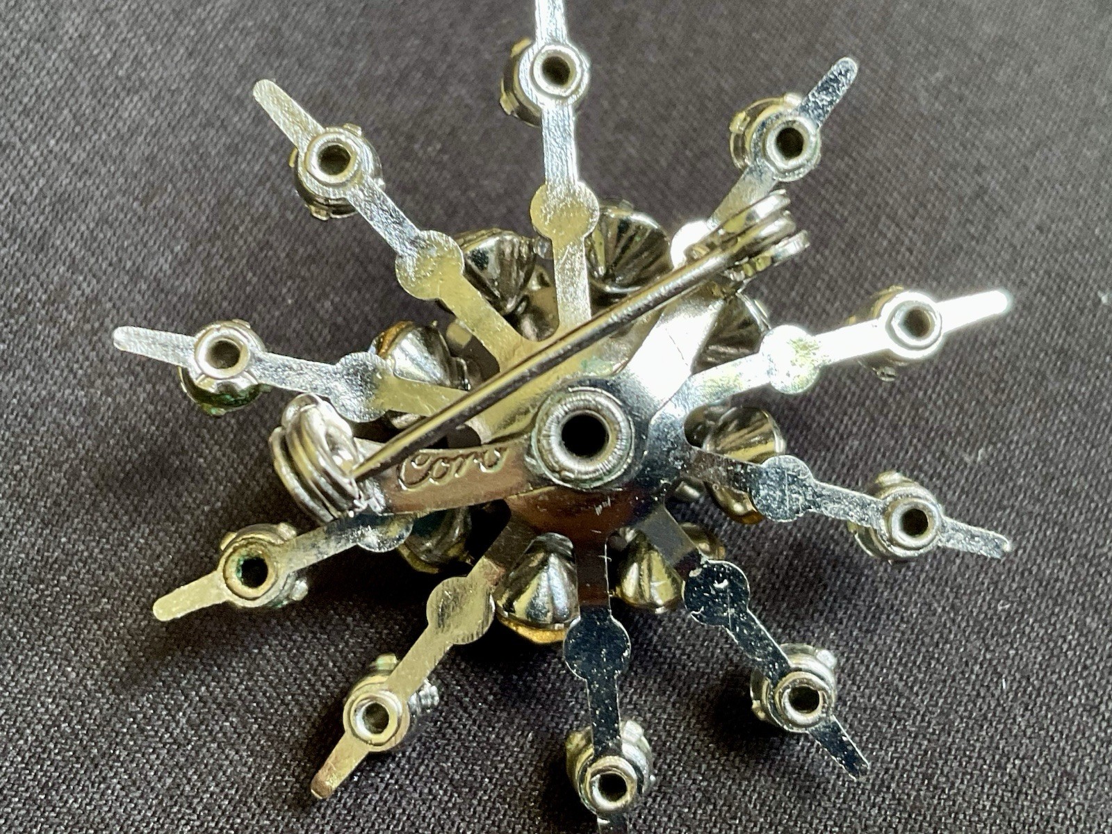 Vintage Coro Brooch Atomic Starburst Clear Rhinestone Silver Tone 1.5″ MCM Pin