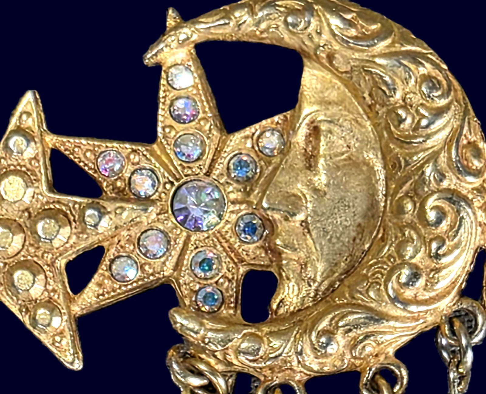 Vintage KIRKS FOLLY Celestial Moon Face Stars Brooch Pin