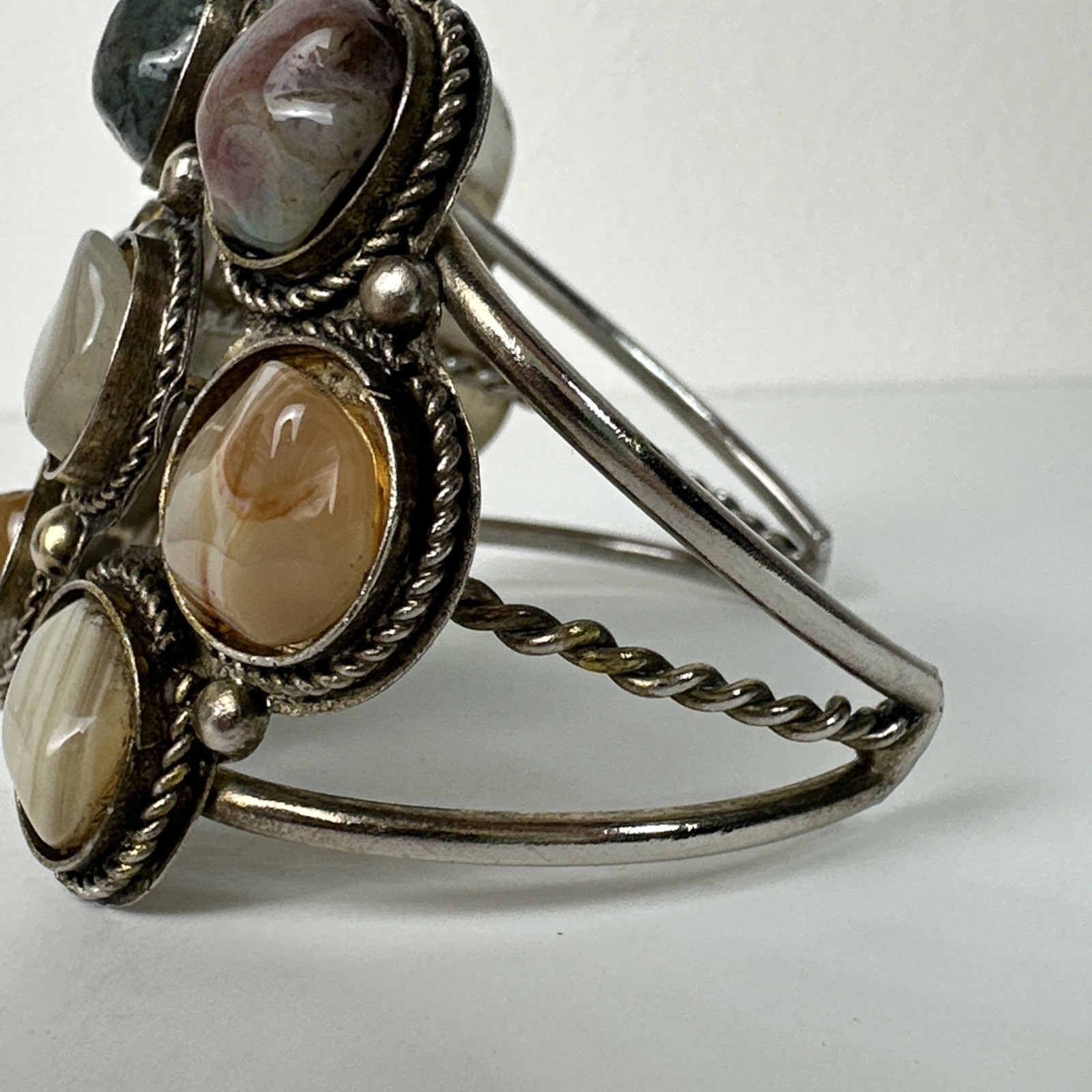 Vintage Multi Stone Agate Cuff Bracelet Silver Tone Cluster Boho Artisan