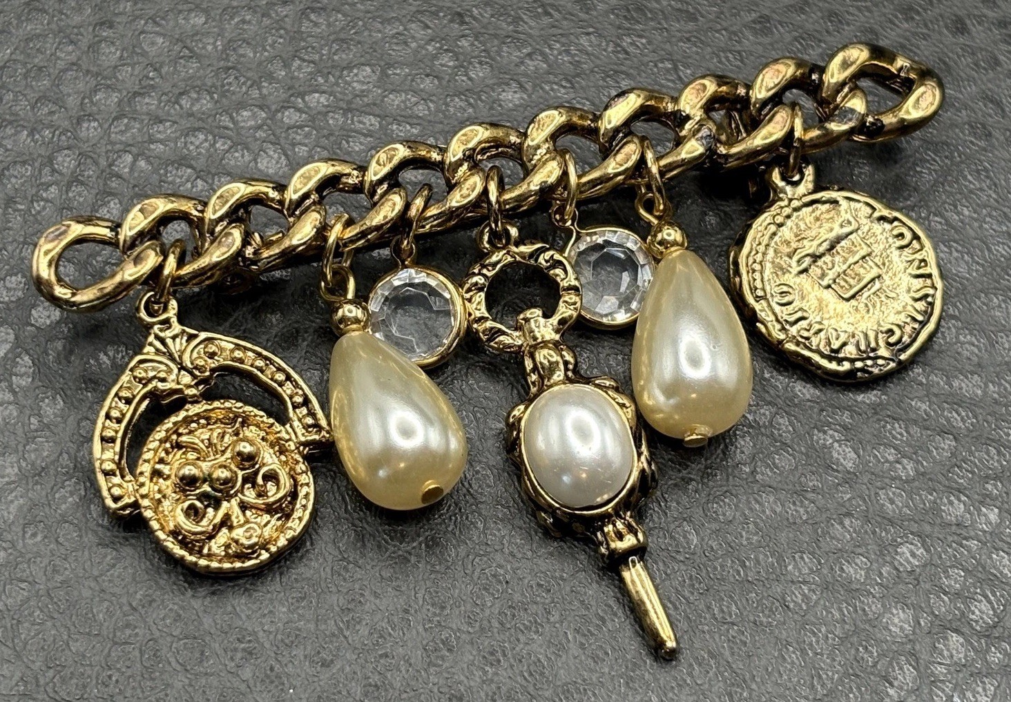 Vintage Gold Tone Charm Brooch Pearl Crystal Stations Coin Medallion Dangles