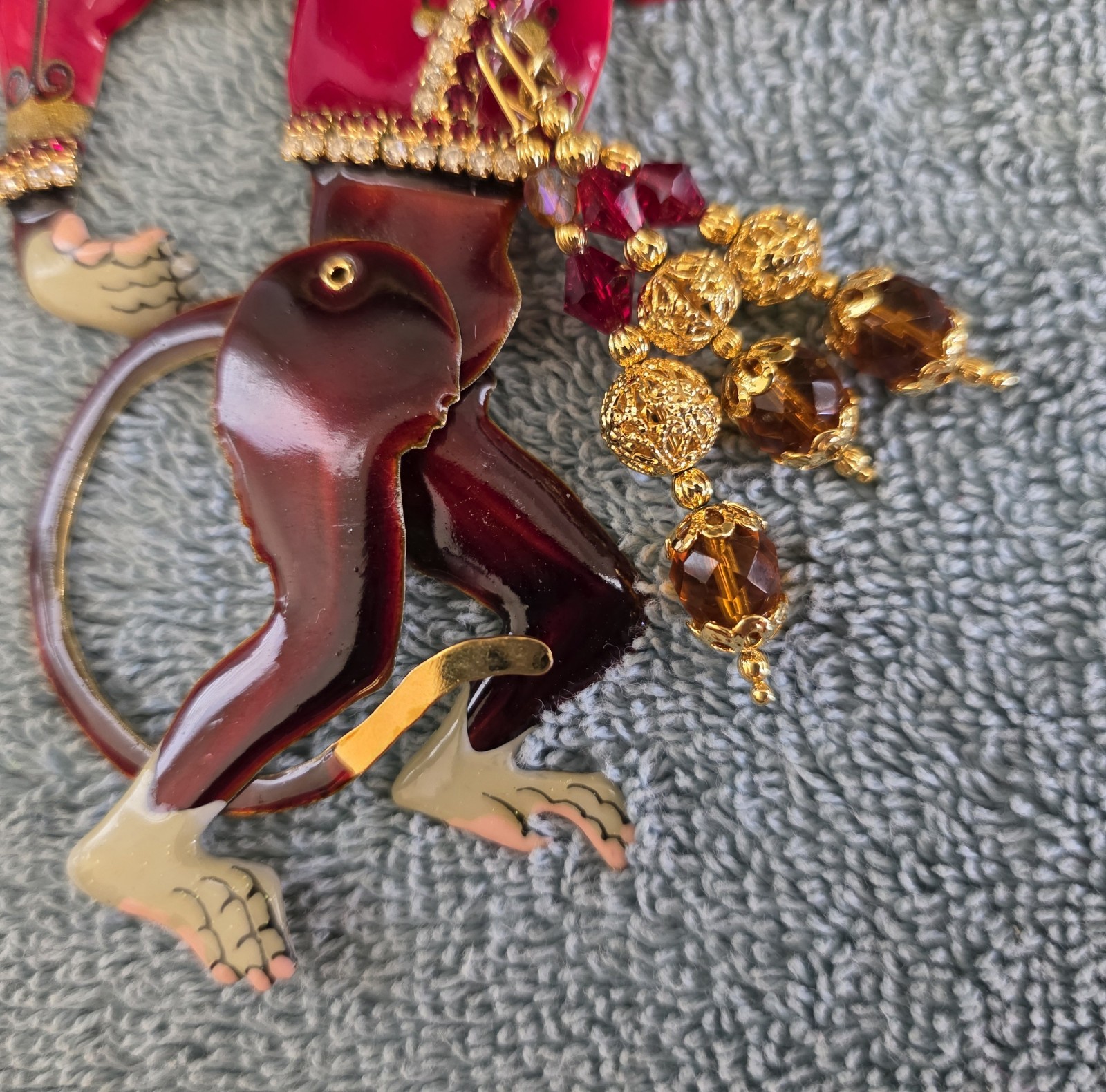 Vintage RARE Lunch At The Ritz Articulating Monkey Grinder Enamel Crystal Brooch