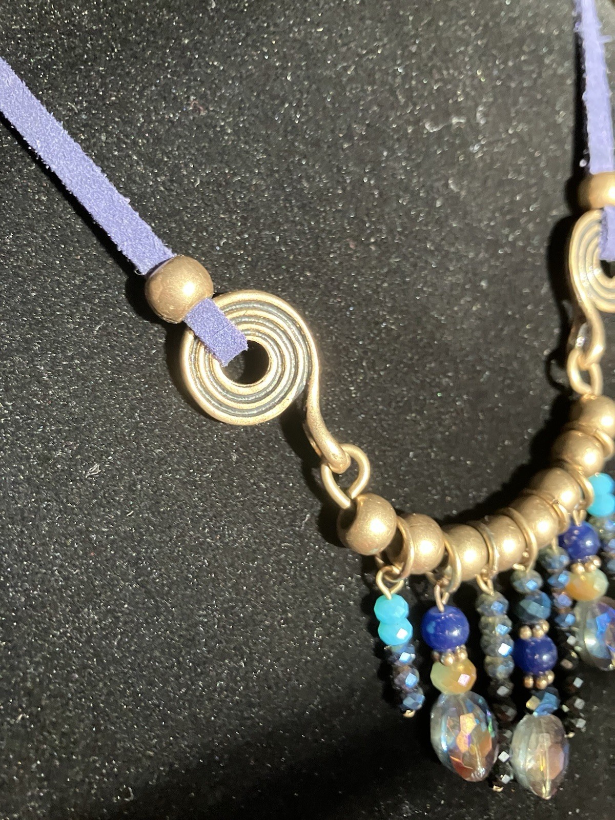 Bohemian Style Necklace Brass Toned Metal, Blue Leather, Drop Beads