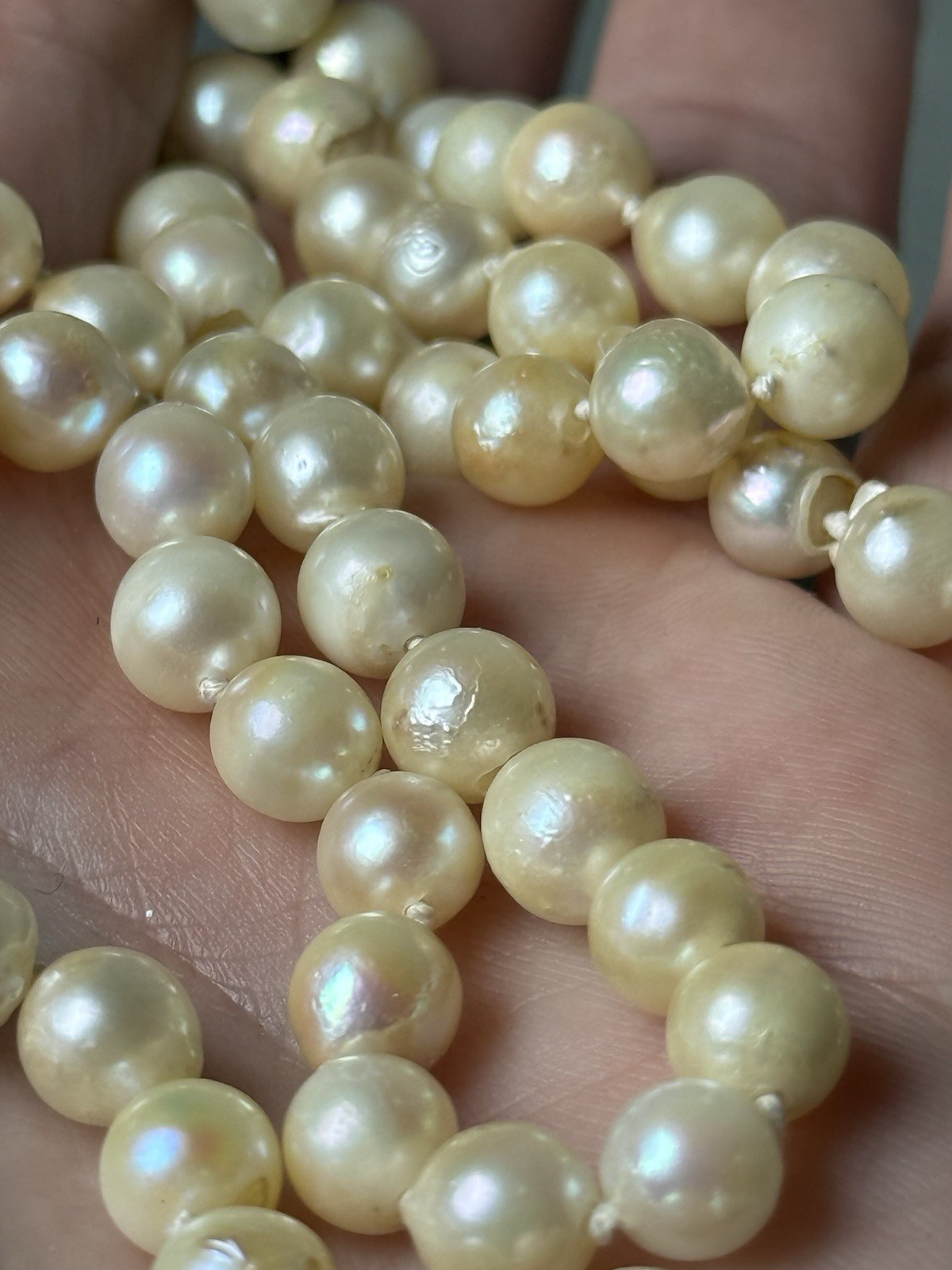 Vtg Art Deco Sterling Silver Pearl Clasp Baroque Akoya Hand Knotted Necklace 25”