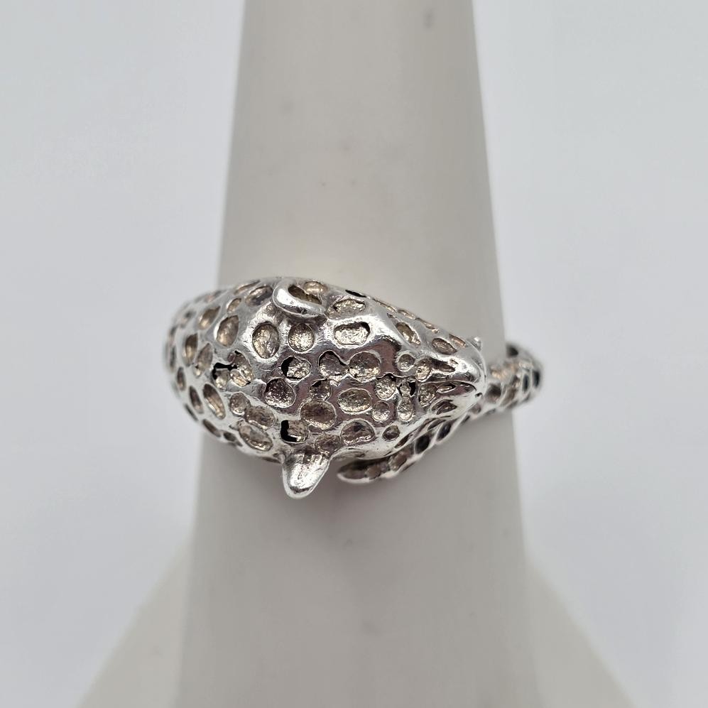 Vintage Adjustable 925 Sterling Silver Leopard Cheetah Big Cat Wrap Ring sz 7.5