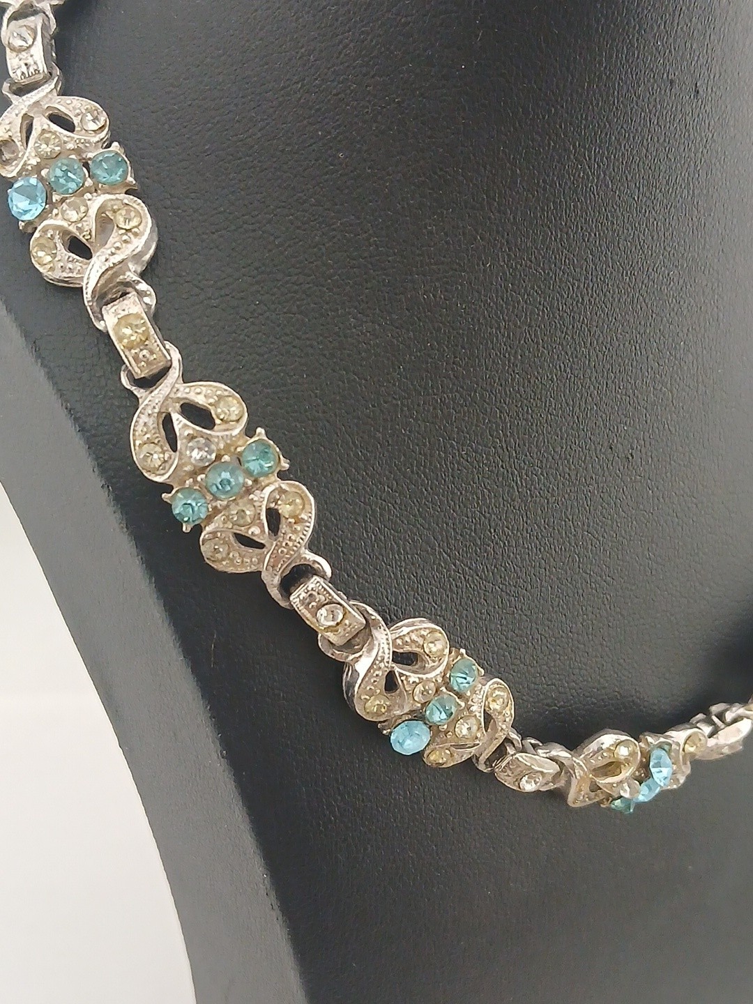 ART DECO REVIVAL Rhodium Plated Panels Clear & Aqua Blue Stones Choker Necklace