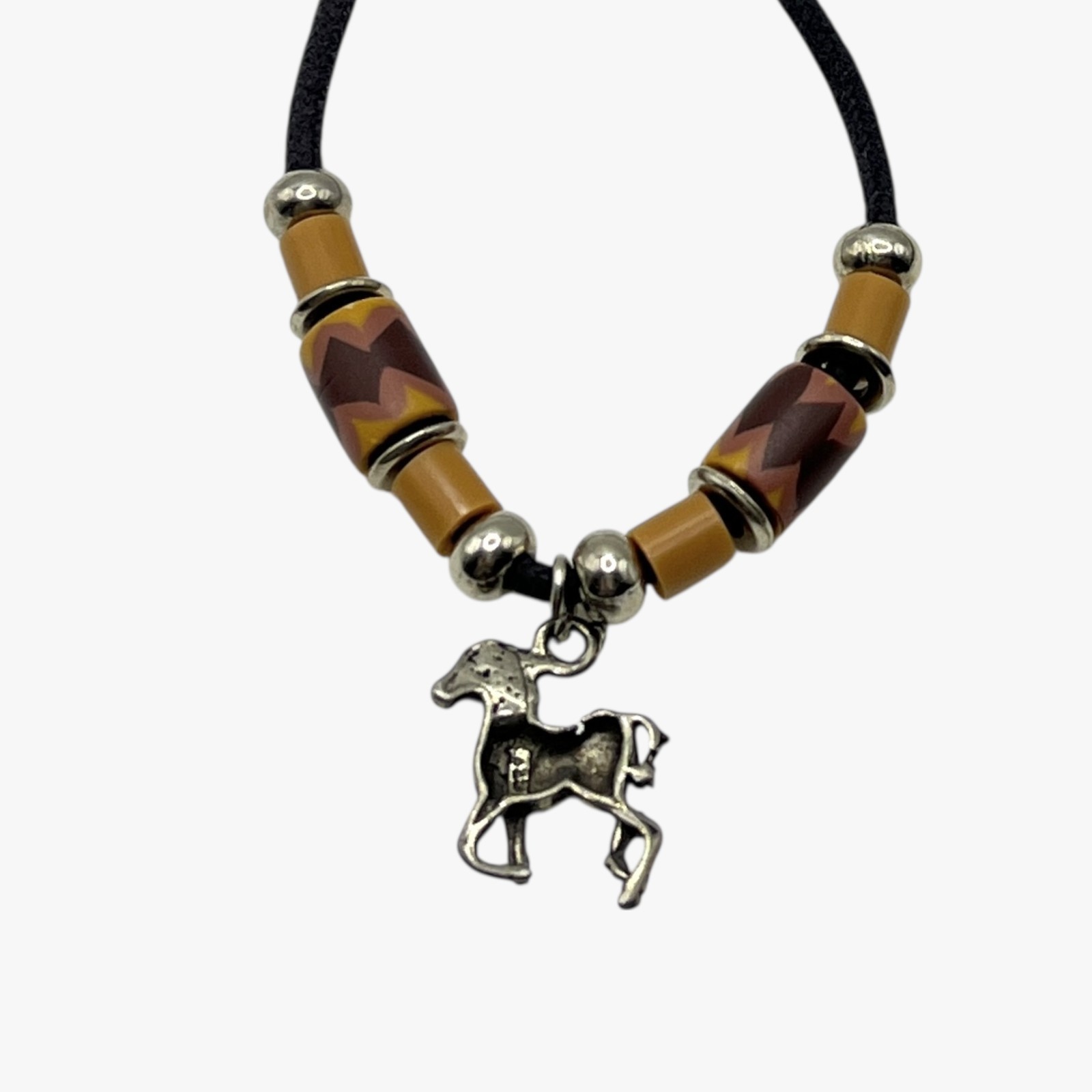 VTG Silver Horse Pendant Necklace Southwest Bead Charm Black Cord Pony Unisex