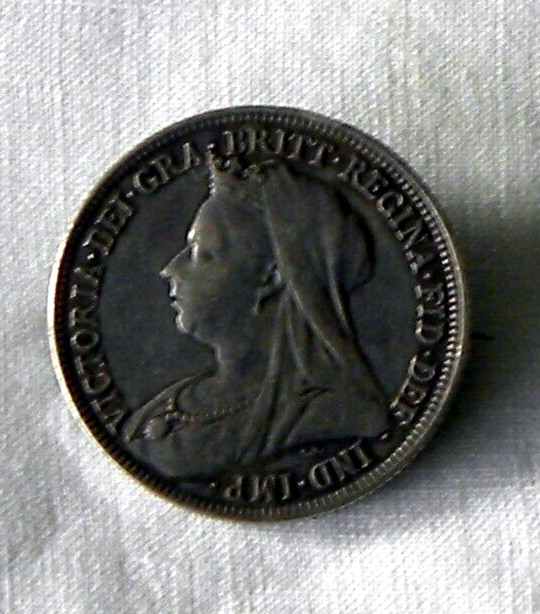 Antique Victorian Great Britain 1899 Sterling Silver Shilling Coin Pin Brooch