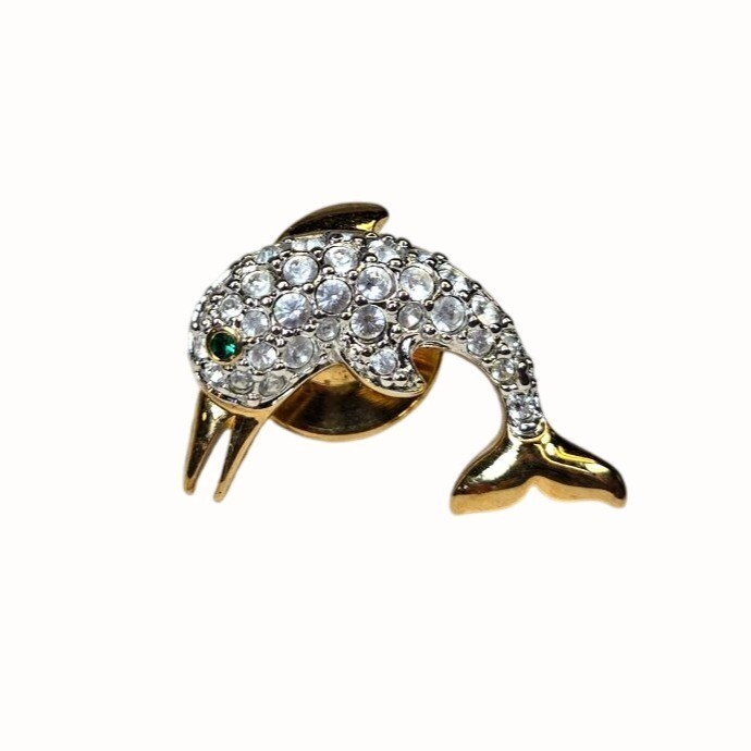 VTG Signed Swarovski Crystal Green-Eyed Dolphin Pin/Tie Tack mini brooch VERY RA