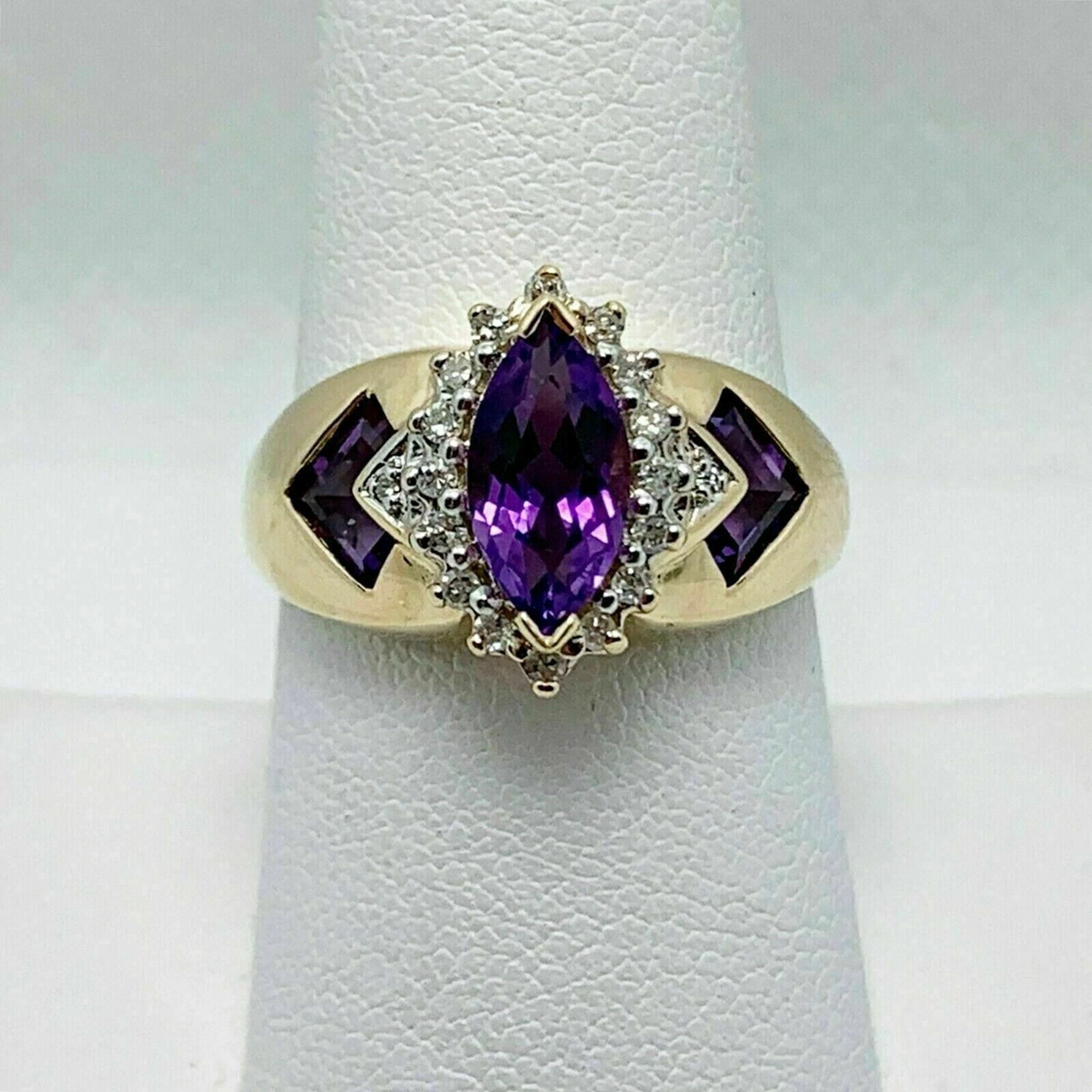 Art Deco Marquise Cut Amethyst & Lab Created Diamond Engagement 925 Silver Ring