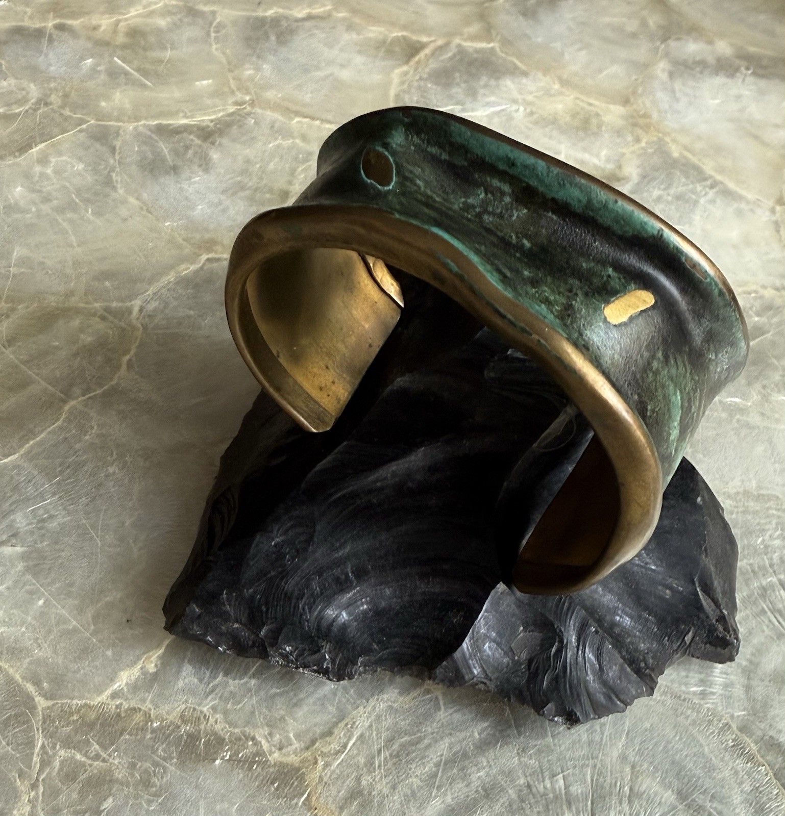 MODERNIST Cuff Bracelet ARTISAN Forged Solid Bronze Brass Verdigris Glaze Signed