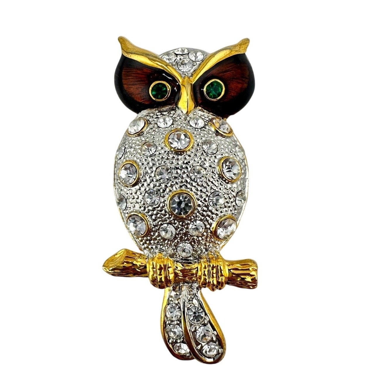 Vintage Rhinestone Owl Two Tone Crystal Accent Enamel Stunning 2.25×1” Brooch