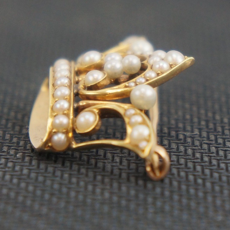 Antique Crown Brooch 14k Yellow Gold Seed Pearl Vintage Excellent 4g 1.125″