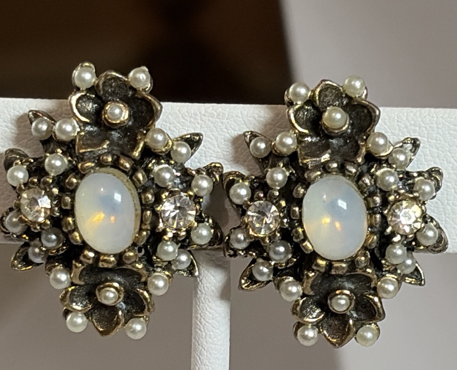 Vintage Opaline Glass Pearl Rhinestone Floral Clip Earrings Gold Tone