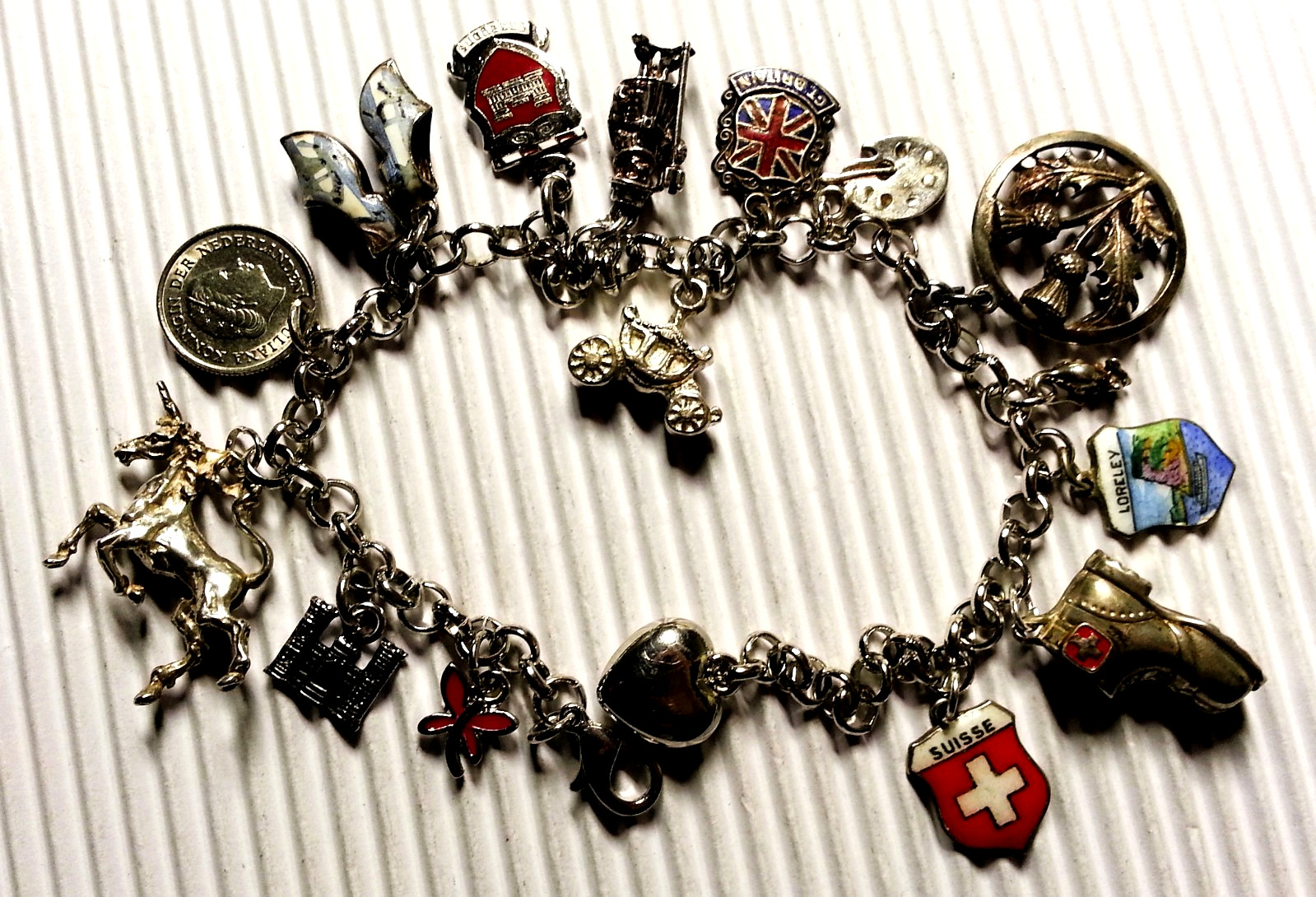 International Travel Sterling Silver Charm Bracelet & 16 Charms, 925-800 Silver