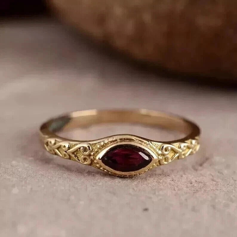Art Deco 2.50Ct Marquise Lab Created Diamond Red Garnet 14K Yellow Gold FN Ring