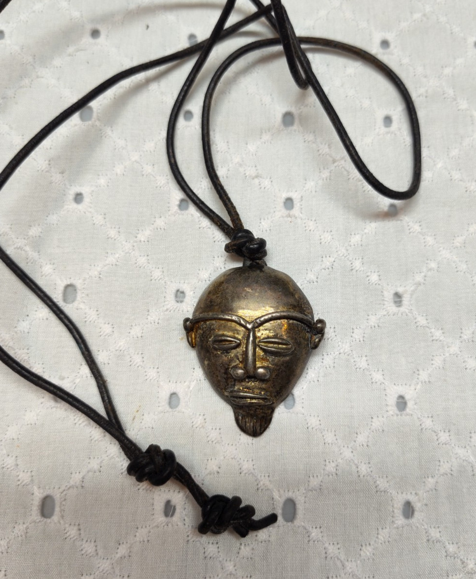 Sterling Silver African Mask Tribal Head Pendant On Leather Cord 19.96 gram TR
