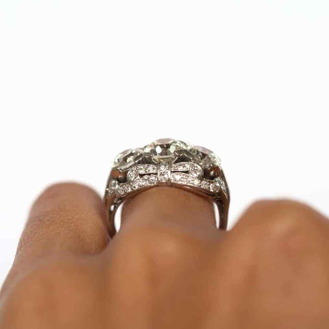 3.50CTW White Round Cut CZ Three Stone Art Deco Antique Wedding 925 Silver Ring