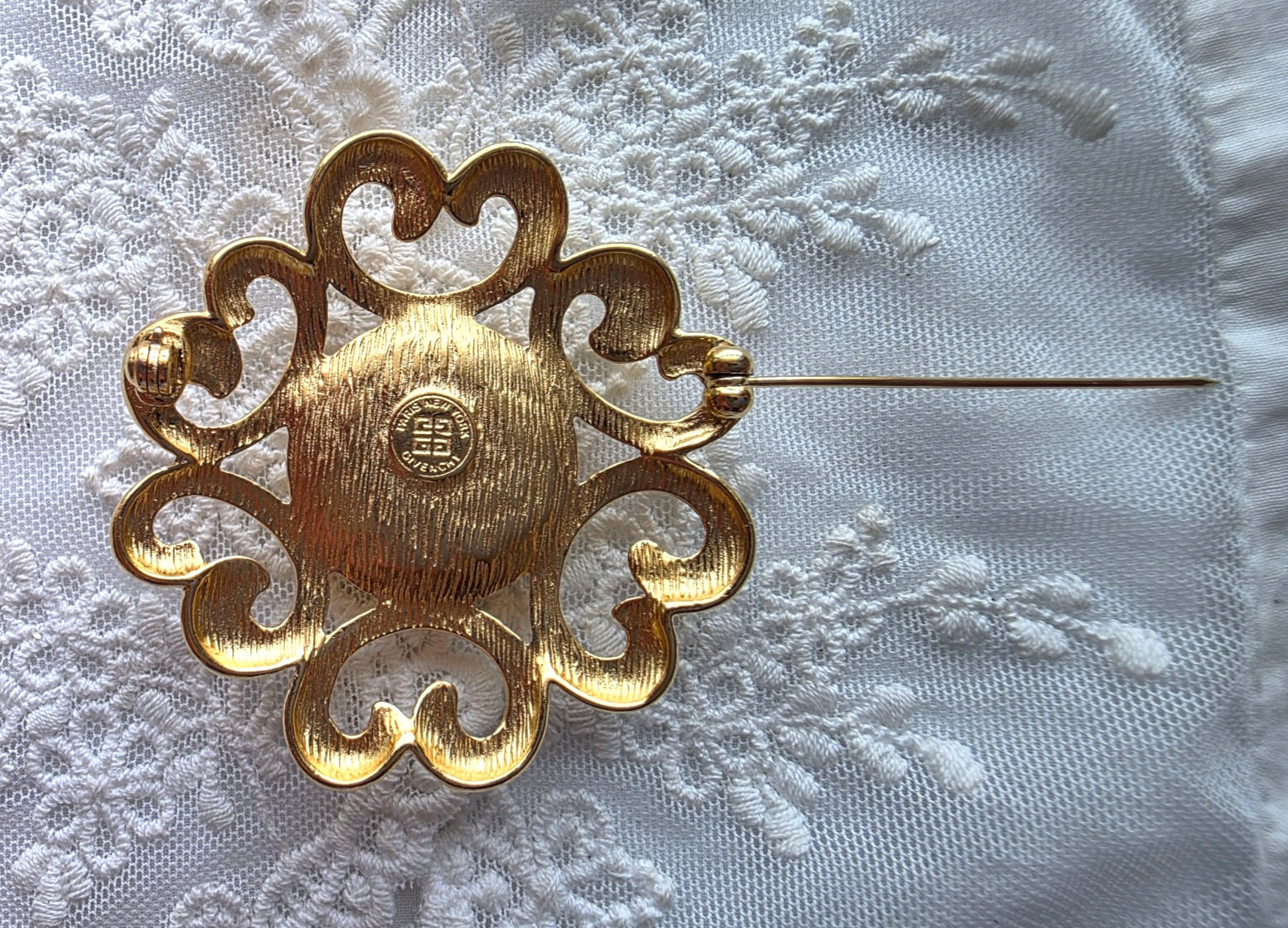Vintage Signed Givenchy Brooch Pin Faux Pearl Open Work Gold Tone 2″