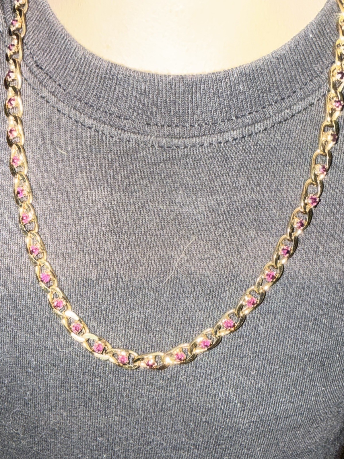 Vintage Givenchy Cuban Link Necklace Inlaid W/ A Dark Purple Stone Between Links