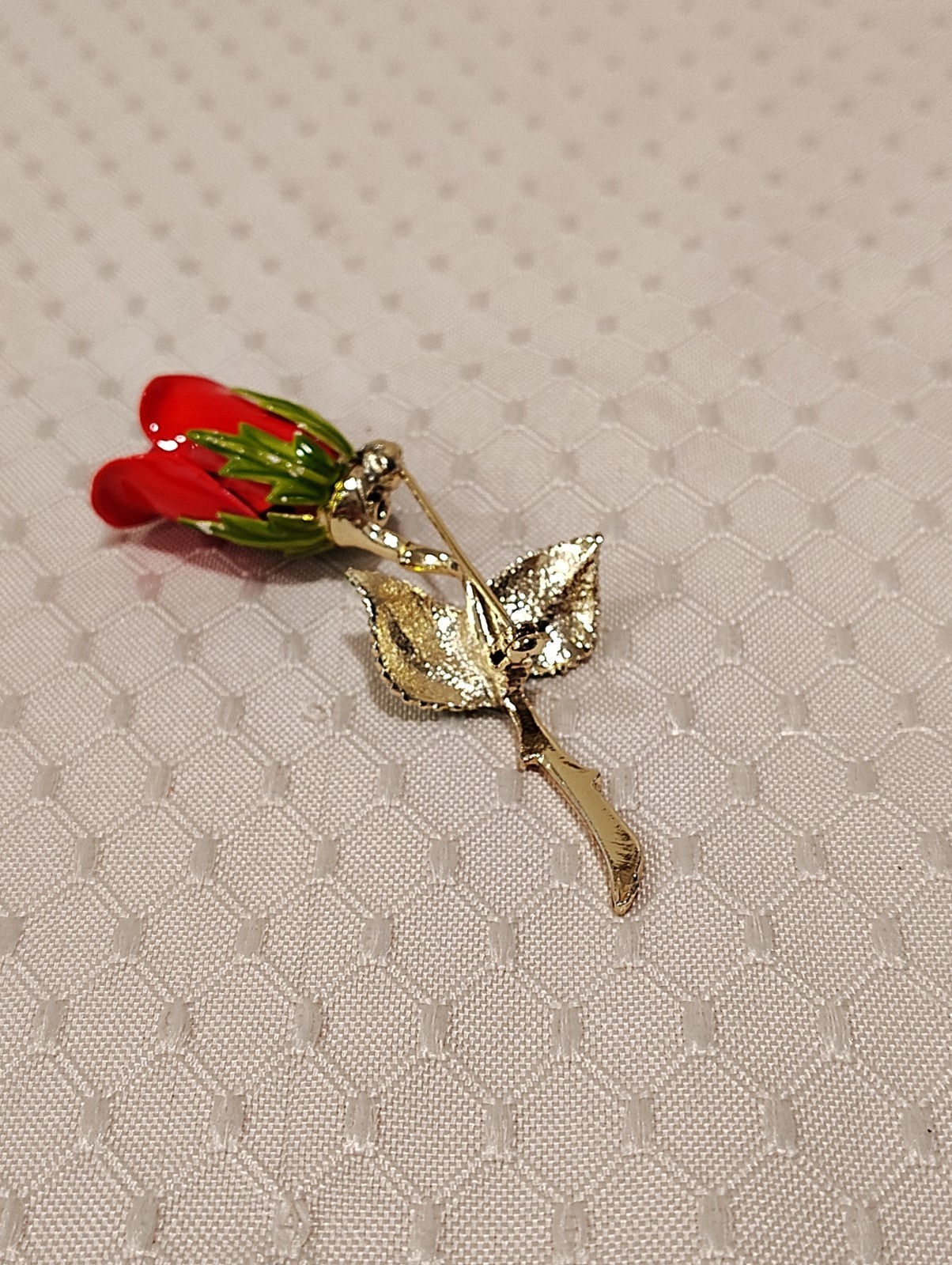 Vintage Enamel Red Rosebud Gold Stem Green Leaves Brooch Pin 3″ Long