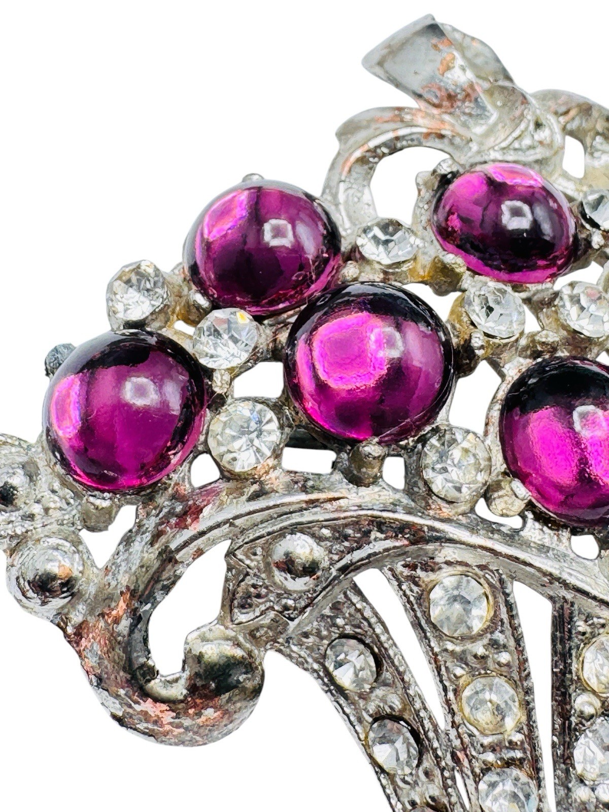 Vintage Coro? Purple Glass Cabochon Rhinestone Flower Basket Brooch c1940s