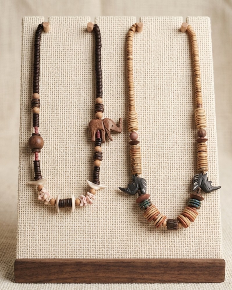 2 Vtg African Carved Wood Safari Necklaces Elephant Rhino Shell Discs Beads Boho
